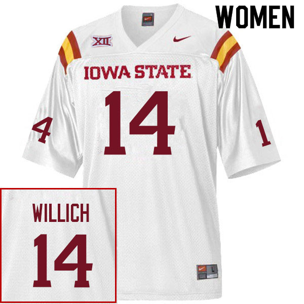 Women #14 Carson Willich Iowa State Cyclones College Football Jerseys Sale-White - Click Image to Close